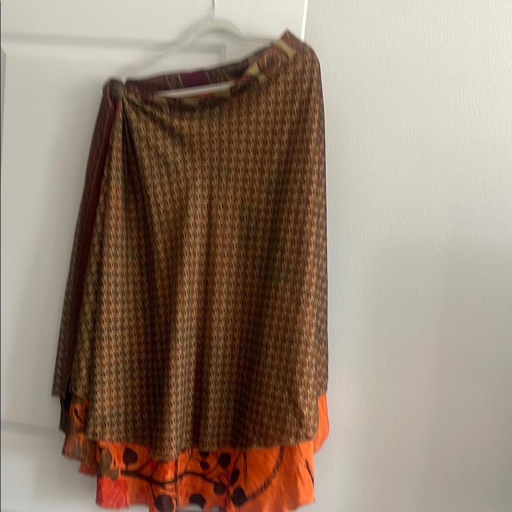 Fashion BohoLoco Asymmetrical Brown and Orange Wrap Midi Skirt 💯 Silk.